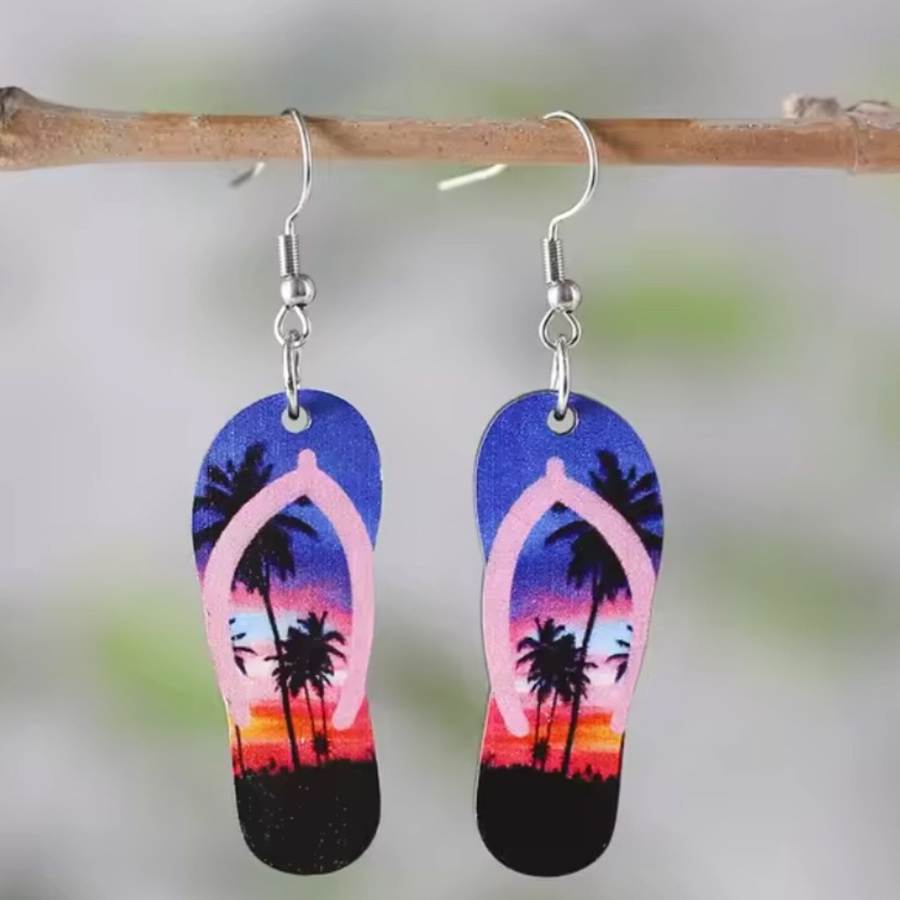 Palm Tree Sunset Flip Flop Sandal Earrings - Picture 3 of 3